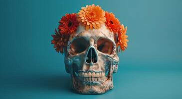 schedel met zonnebloemen Aan hoofd foto