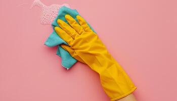 hand- met geel handschoen Aan roze oppervlakte foto