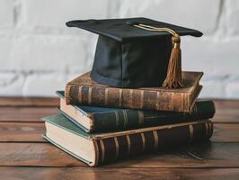 een diploma uitreiking bachelor opleiding pet Aan een stack van boek, kennis en onderwijs concept. foto