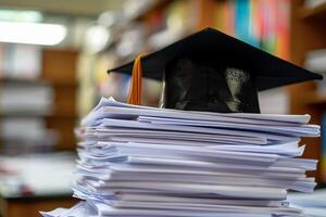 een diploma uitreiking bachelor opleiding pet Aan een stack van papier, nieuw afstuderen baan jacht- concept. foto