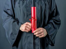 een Mens vervelend diploma uitreiking japon en Holding diploma voor ceremonie viering. foto