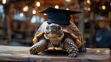 een schildpad vervelend een bachelor opleiding pet voor diploma uitreiking concept. foto