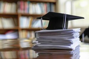 een diploma uitreiking bachelor opleiding pet Aan een stack van papier, nieuw afstuderen baan jacht- concept. foto