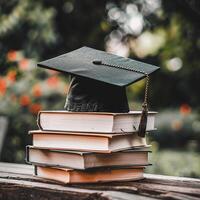 een diploma uitreiking bachelor opleiding pet Aan een stack van boek, kennis en onderwijs concept. foto