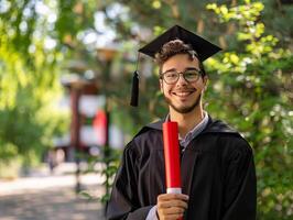 een Mens vervelend diploma uitreiking japon en Holding diploma voor ceremonie viering. foto