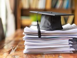 een diploma uitreiking bachelor opleiding pet Aan een stack van papier, nieuw afstuderen baan jacht- concept. foto