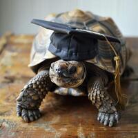 een schildpad vervelend een bachelor opleiding pet voor diploma uitreiking concept. foto