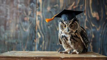 een uil vervelend een bachelor opleiding pet voor diploma uitreiking concept. foto