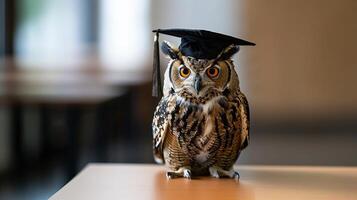 een uil vervelend een bachelor opleiding pet voor diploma uitreiking concept. foto