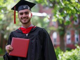 een Mens vervelend diploma uitreiking japon en Holding diploma voor ceremonie viering. foto