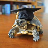 een schildpad vervelend een bachelor opleiding pet voor diploma uitreiking concept. foto