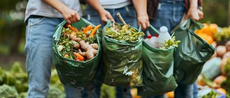 mensen composteren voedsel kladjes of gebruik makend van herbruikbaar kruidenier Tassen. foto