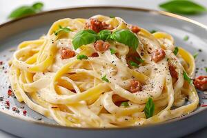 een deel van Carbonara pasta in een bord Aan de tafel. foto