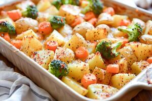 groente braadpan van aardappelen, wortels en broccoli in een bakken gerecht. foto