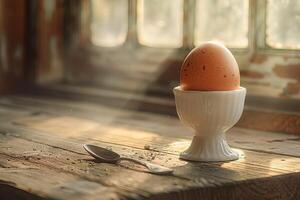 een gekookt ei in een ei kop voor ontbijt Aan een houten oppervlak. foto