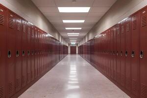 afnemend perspectief van kluisjes in modern hoog school- gang foto