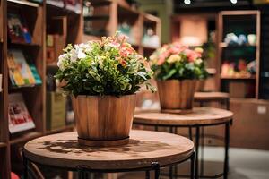 kleinhandel sfeer vers bloem pot verbetert houten tafel Scherm foto