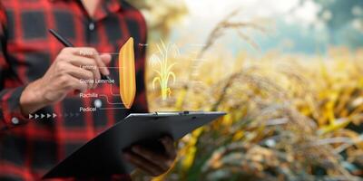 slim boerderij ui hologram systeem controle, onderhoud, weergeven groei informatie voedingsstoffen, meststoffen, water, insect ongedierte van bomen, planten, en groenten, gebruik technologie in landbouw. foto