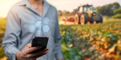 slim boerderij ui hologram systeem controle, onderhoud, weergeven groei informatie voedingsstoffen, meststoffen, water, insect ongedierte van bomen, planten, en groenten, gebruik technologie in landbouw. foto