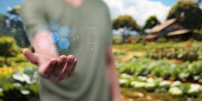 slim boerderij ui hologram systeem controle, onderhoud, weergeven groei informatie voedingsstoffen, meststoffen, water, insect ongedierte van bomen, planten, en groenten, gebruik technologie in landbouw. foto