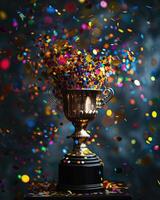 viering met trofee, confetti douche foto