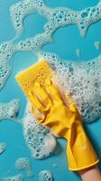 schoonmaak met geel rubber handschoen en spons, huishouden klusjes foto