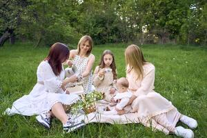 twee Dames en hun kinderen hebben een picknick Aan de gazon foto