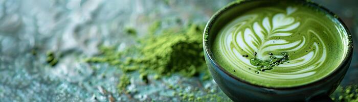 matcha groen thee latte met mooi latte kunst Aan een blauw steen tafel. foto