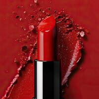 een rood lippenstift Aan een rood achtergrond met rood poeder verspreide in de omgeving van het. foto