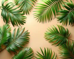 groen palm bladeren Aan een beige achtergrond. foto