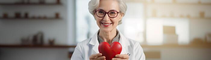 een ouderen vrouw dokter is Holding een rood hart. ze is vervelend bril en een laboratorium jas. foto