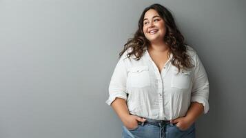 een mooi grote maat model- met lang bruin haar- en licht bedenken poses in een wit knop-omlaag overhemd en blauw jeans, glimlachen weg van de camera. foto