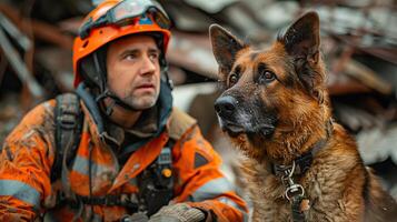 de dapper zoeken en redden hond en zijn handler zoeken voor overlevenden in de puin van een ingestort gebouw. foto