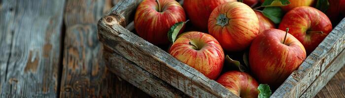 een detailopname top visie van een wijnoogst houten krat gevulde met appels en klein kalebassen, focus Aan de texturen van de hout en de vers produceren, reeks tegen een gedempt, hedendaags achtergr foto