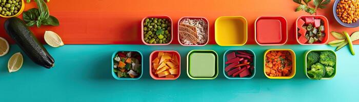 een dynamisch hoek vastleggen de arrangement van divers specialiteit eetpatroon lunch trommel Aan een veelkleurig tafel, levendig kleuren in focus, reeks tegen een schoon, minimalistische achtergrond, breed s foto