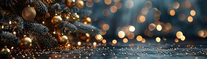 een hedendaags, schoon opstelling met een Kerstmis boom met meetkundig kerstballen, reeks tegen een strak, donker achtergrond met lichten artistiek vervaagd, breed ruimte bovenstaand voor redactioneel foto