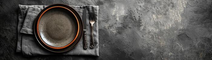 een hedendaags, schoon opstelling met een bord, mes, en vork Aan een minimalistische grijs servet, reeks tegen een strak, grijs achtergrond, breed ruimte bovenstaand voor redactioneel inhoud. foto
