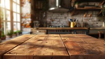 houten tafel met een keuken achtergrond, geschikt voor het schieten keuken producten, met een wazig kamer toevoegen diepte naar voedsel presentaties foto