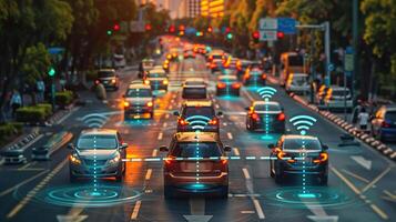 autonoom voertuigen Aan een slim stad straat in voorkant visie auto's communiceren met stad infrastructuur foto