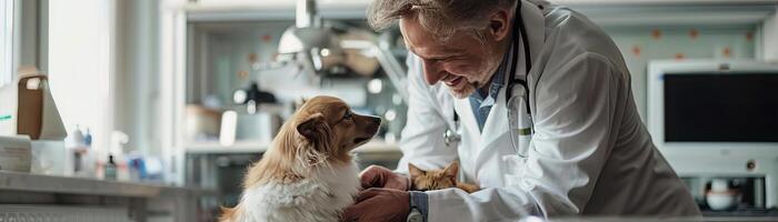 een veterinair dokter vervelend een wit jas in een zeker kamer van een goed uitgerust veterinair ziekenhuis en zittend De volgende naar een hond en een kat en aan het kijken de kat terwijl de artsen hand- is foto