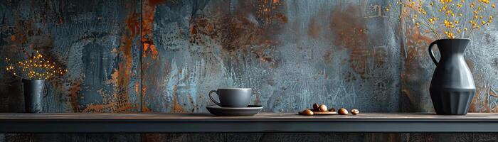 een minimalistische samenstelling van een koffie druppelen opstelling met een strak, modern druppelaar en een single beker, reeks tegen een donker, getextureerde achtergrond, panoramisch ruimte bovenstaand voor kopiëren. foto