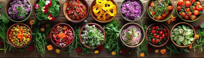 een zachte focus beeld presentatie van een verspreiding van fijnproever salades met eetbaar bloemen en vers kruiden, reeks tegen een warm, aardetinten tafelblad, breed negatief ruimte voor kopiëren Aan een kant. foto