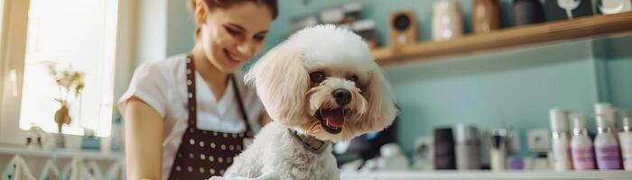 glimlachen jong groomer in schort trimmen schattig harig hond in huisdier salon, ultrarealistisch fotografie voorraad foto