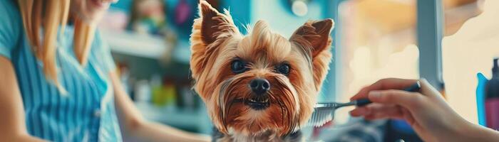 professioneel groomer glimlachen terwijl Holding een kam en uiterlijke verzorging een schattig klein hond in een helder lit huisdier salon, markeren de attent zorg en netheid foto