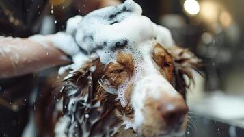 dichtbij omhoog het wassen een york shires jas met zeep Bij een hond trimmers foto