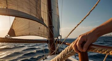 persoon aanpassen het zeilen uitrusting Aan zeilboot, dichtbij omhoog foto