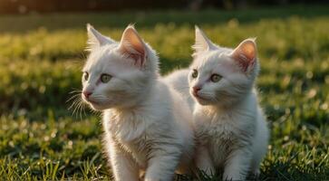 charmant en lief wit kittens gelukkig spelen Aan een levendig groen gras achtergrond, dichtbij omhoog , kopiëren tekst foto