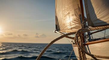 het zeilen boot Aan de oceaan. het zeilen boot glijdt Aan de Open zee Bij zonsondergang foto