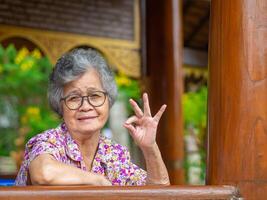 portret van een gelukkig senior vrouw glimlachen en tonen vingers dat alles is OK terwijl zittend in een tuin. ruimte voor tekst. concept van oud mensen en gezondheidszorg foto