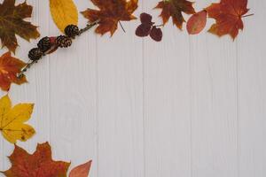 achtergrond structuur met oud houten tafel en geel herfst- bladeren. herfst esdoorn- bladeren Aan houten achtergrond met kopiëren ruimte. top visie. foto